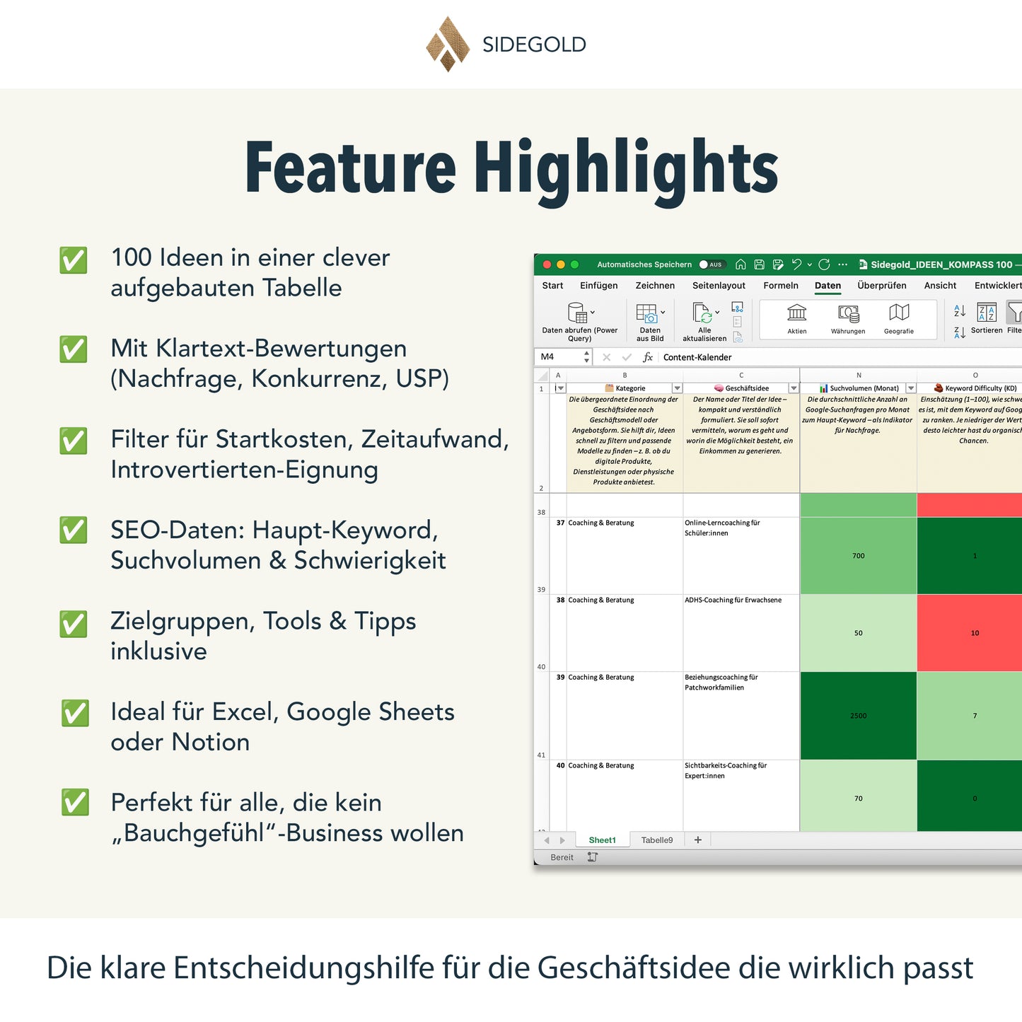Sidegold Ideenkompass: 100 Geschäftsideen für deine nebenberufliche Selbstständigkeit